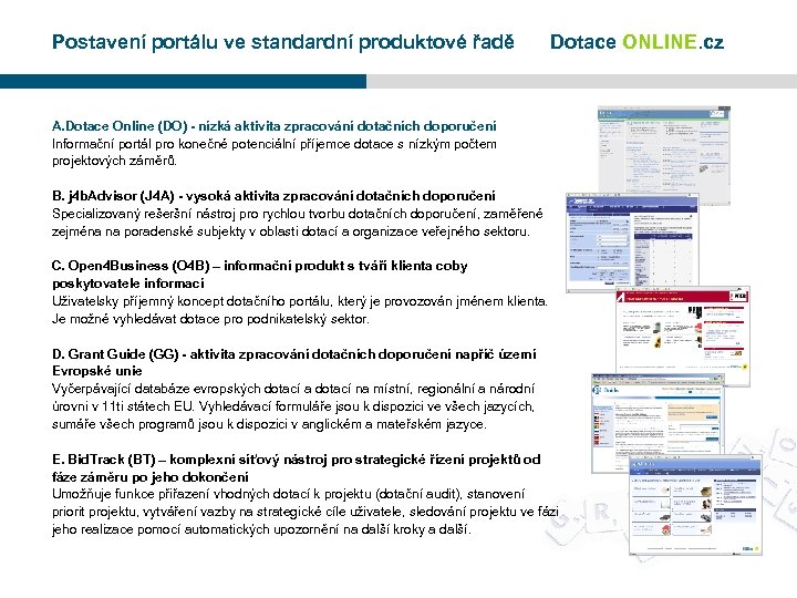 Postavení portálu ve standardní produktové řadě Dotace ONLINE. cz A. Dotace Online (DO) -