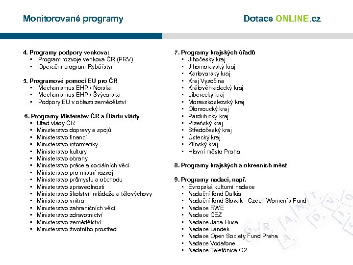 Monitorované programy 4. Programy podpory venkova: • Program rozvoje venkova ČR (PRV) • Operační