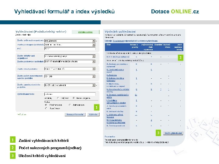 Vyhledávací formulář a index výsledků Dotace ONLINE. cz 2 1 3 1 Zadání vyhledávacích