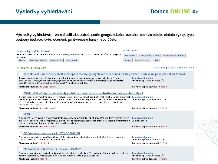 Výsledky vyhledávání Dotace ONLINE. cz Výsledky vyhledávání lze seřadit abecedně, podle geografického rozsahu, poskytovatele,