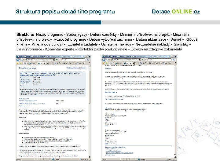 Struktura popisu dotačního programu Dotace ONLINE. cz Struktura: Název programu - Status výzvy -