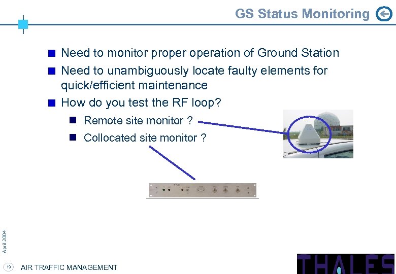 GS Status Monitoring Need to monitor properation of Ground Station Need to unambiguously locate