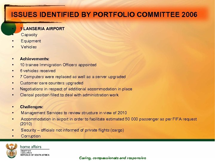 ISSUES IDENTIFIED BY PORTFOLIO COMMITTEE 2006 • • 1 LANSERIA AIRPORT Capacity Equipment Vehicles