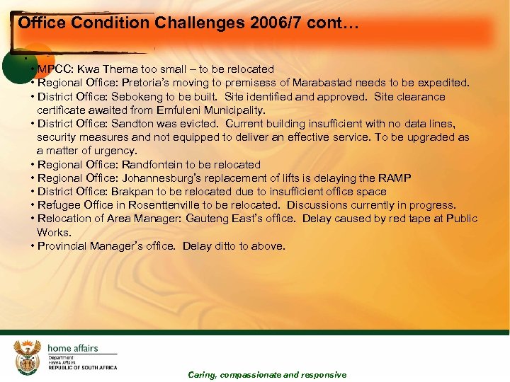 Office Condition Challenges 2006/7 cont… • • MPCC: Kwa Thema too small – to