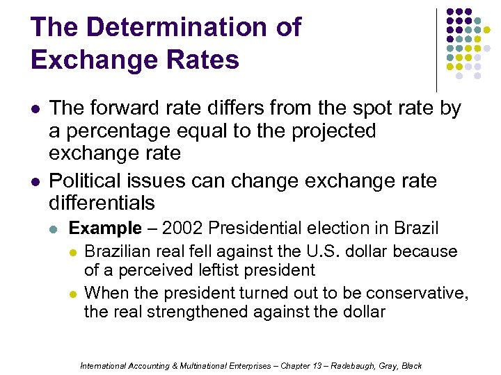 The Determination of Exchange Rates l l The forward rate differs from the spot