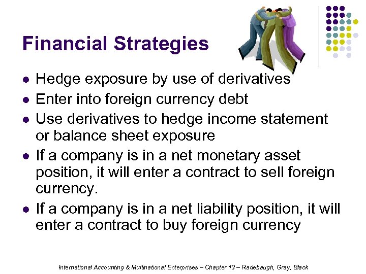 Financial Strategies l l l Hedge exposure by use of derivatives Enter into foreign