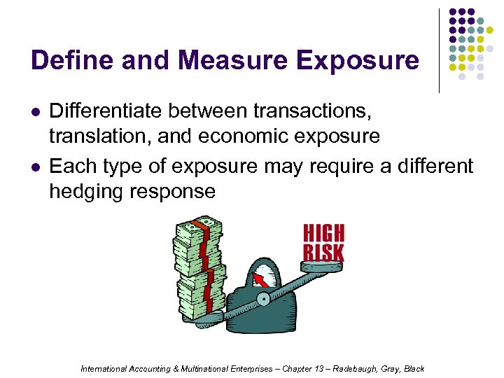 Define and Measure Exposure l l Differentiate between transactions, translation, and economic exposure Each