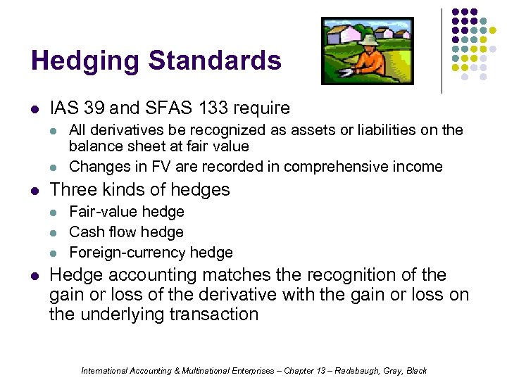 Hedging Standards l IAS 39 and SFAS 133 require l l l Three kinds