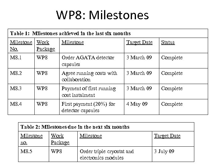 WP 8: Milestones Table 1: Milestones achieved in the last six months Milestone Work