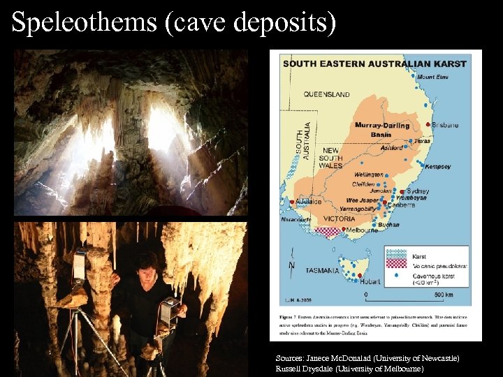 Speleothems (cave deposits) Sources: Janece Mc. Donalad (University of Newcastle) Russell Drysdale (University of