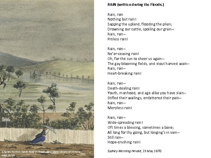 RAIN (written during the Floods. ) Rain, rain Nothing but rain! Sapping the upland,