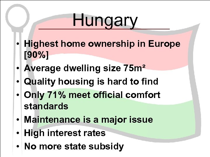 Hungary • Highest home ownership in Europe [90%] • Average dwelling size 75 m²