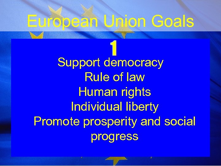 European Union Goals Support democracy Rule of law Human rights Individual liberty Promote prosperity