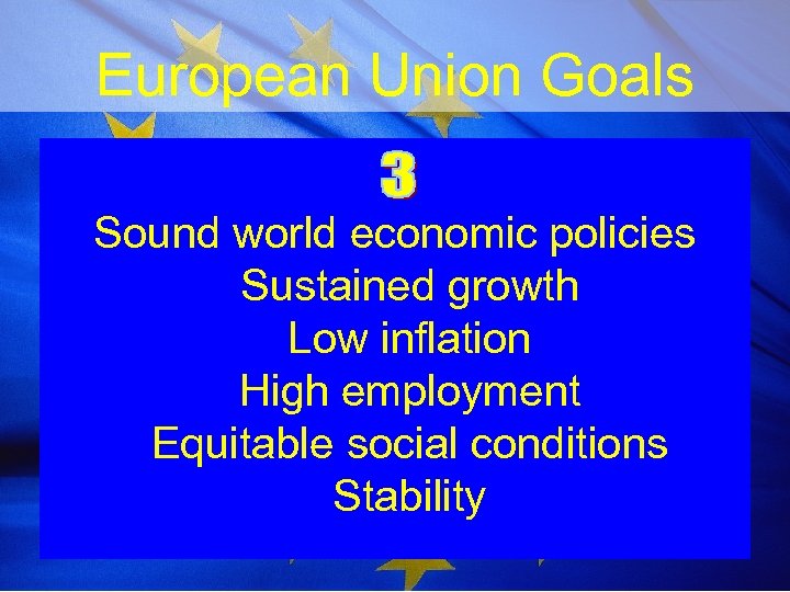 European Union Goals Sound world economic policies Sustained growth Low inflation High employment Equitable