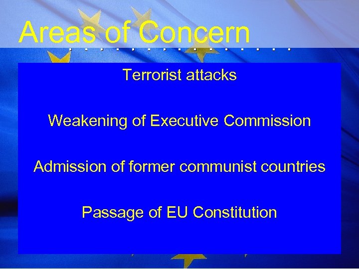 Areas of Concern Terrorist attacks Weakening of Executive Commission Admission of former communist countries
