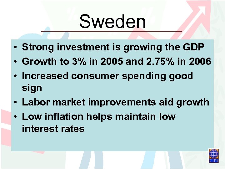 Sweden • Strong investment is growing the GDP • Growth to 3% in 2005