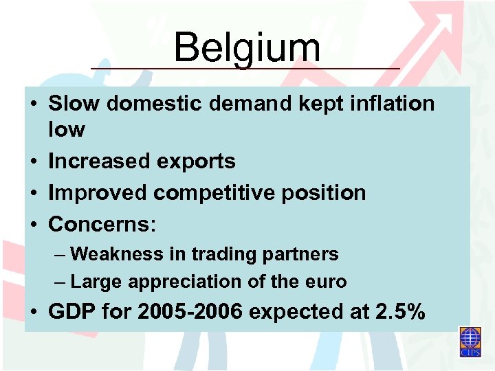 Belgium • Slow domestic demand kept inflation low • Increased exports • Improved competitive