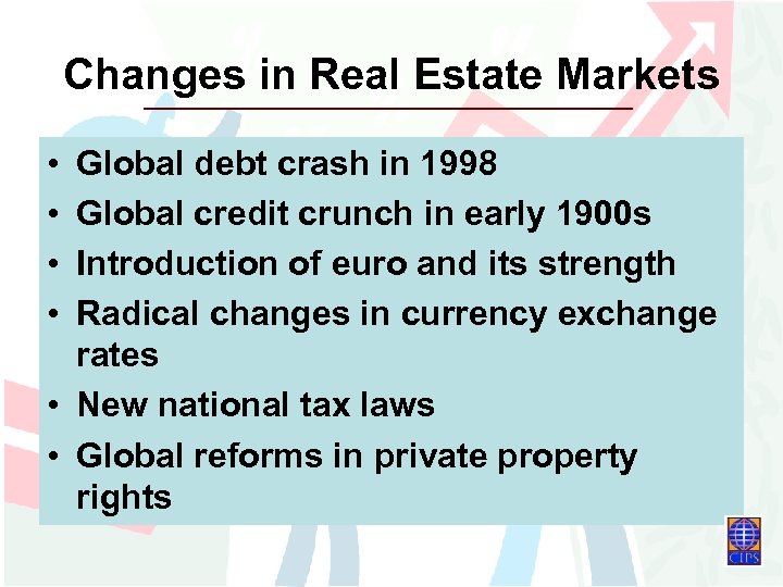 Changes in Real Estate Markets • • Global debt crash in 1998 Global credit