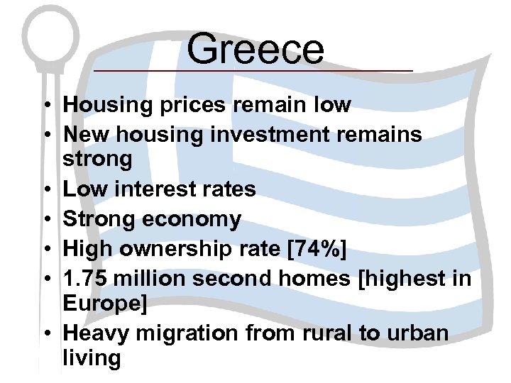 Greece • Housing prices remain low • New housing investment remains strong • Low