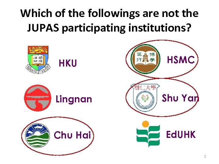 Which of the followings are not the JUPAS participating institutions? HKU HSMC Lingnan Shu