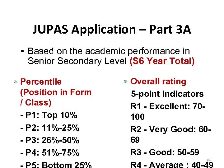 JUPAS Application – Part 3 A • Based on the academic performance in Senior