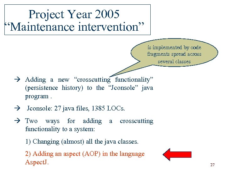 Project Year 2005 “Maintenance intervention” is implemented by code fragments spread across several classes