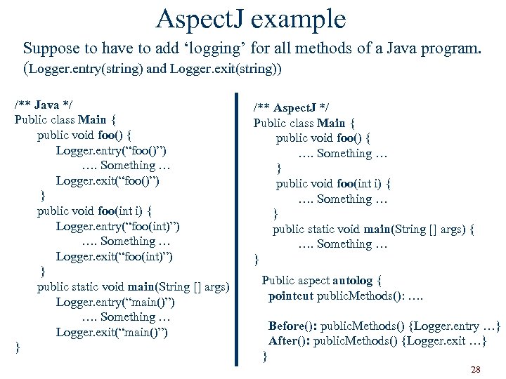 Aspect. J example Suppose to have to add ‘logging’ for all methods of a