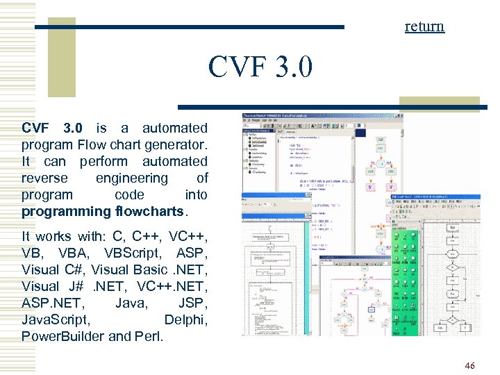 return CVF 3. 0 is a automated program Flow chart generator. It can perform
