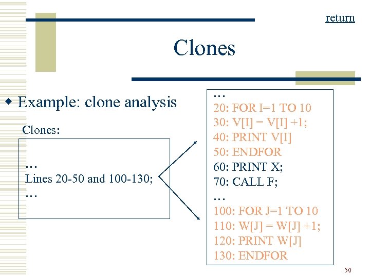 return Clones w Example: clone analysis Clones: … Lines 20 -50 and 100 -130;