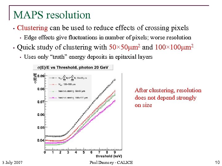 MAPS resolution • Clustering can be used to reduce effects of crossing pixels •