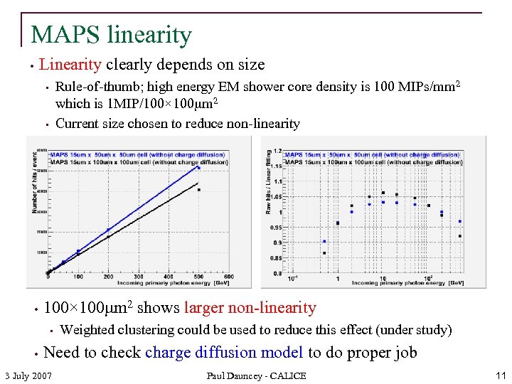 MAPS linearity Linearity clearly depends on size • Rule-of-thumb; high energy EM shower core