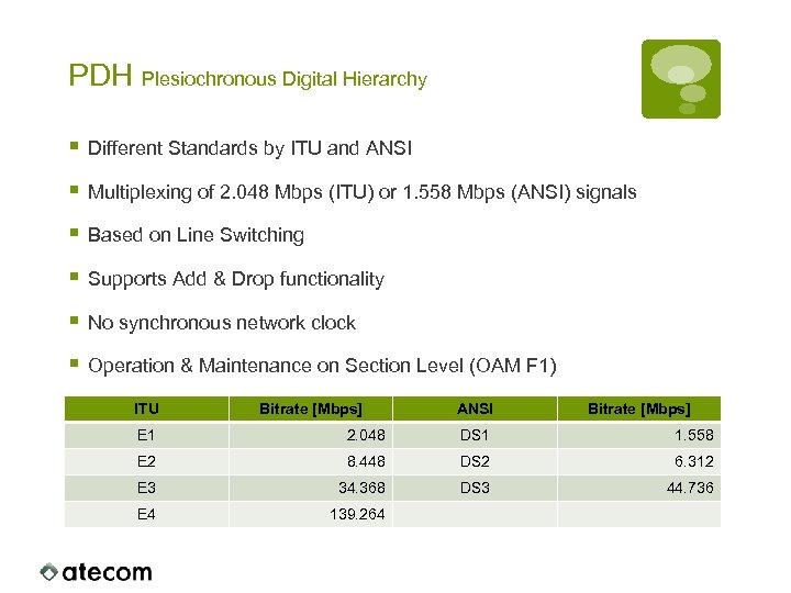 PDH Plesiochronous Digital Hierarchy § Different Standards by ITU and ANSI § Multiplexing of