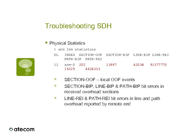 Troubleshooting SDH § Physical Statistics > atm ltm statistics SL INDEX SECTION-OOF PATH-BIP PATH-REI
