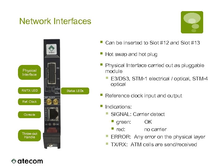 Network Interfaces § § RX/TX LED Ref. Clock Console Throw-out Handle Status LEDs Hot