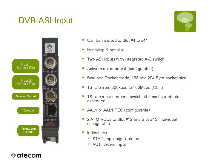 DVB-ASI Input § § Monitor Output Console Throw-out Handle Two ASI inputs with integrated