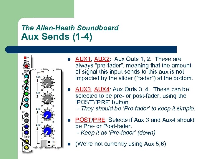 The Allen-Heath Soundboard Aux Sends (1 -4) l AUX 1, AUX 2: Aux Outs