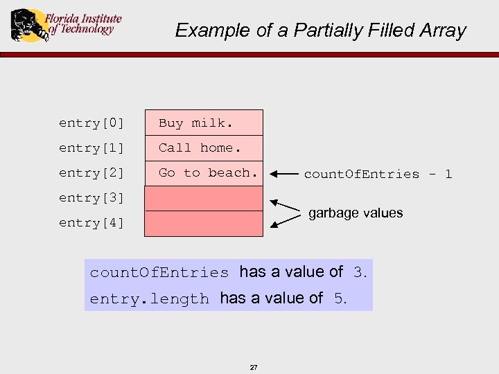 Example of a Partially Filled Array entry[0] Buy milk. entry[1] Call home. entry[2] Go