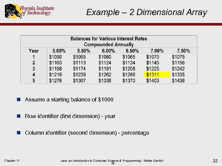 Example – 2 Dimensional Array n Assume a starting balance of $1000 n Row