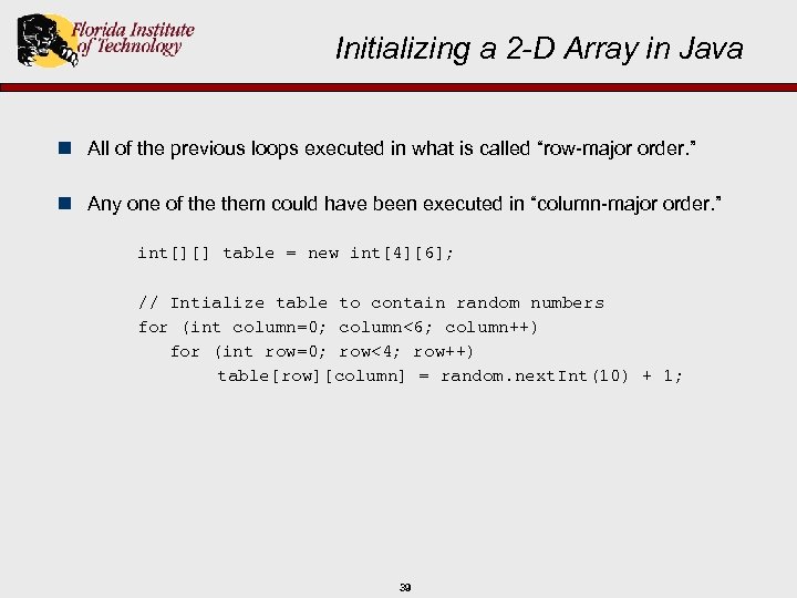 Initializing a 2 -D Array in Java n All of the previous loops executed