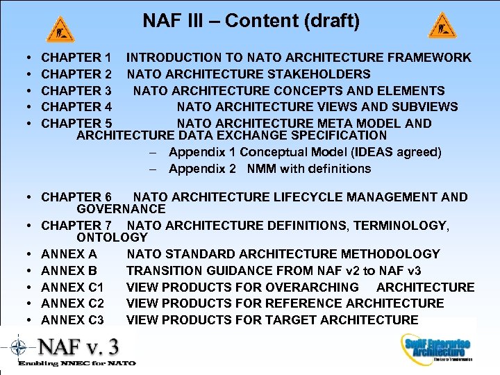 NAF III – Content (draft) • • • CHAPTER 1 INTRODUCTION TO NATO ARCHITECTURE