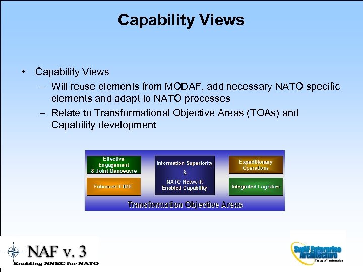 Capability Views • Capability Views – Will reuse elements from MODAF, add necessary NATO
