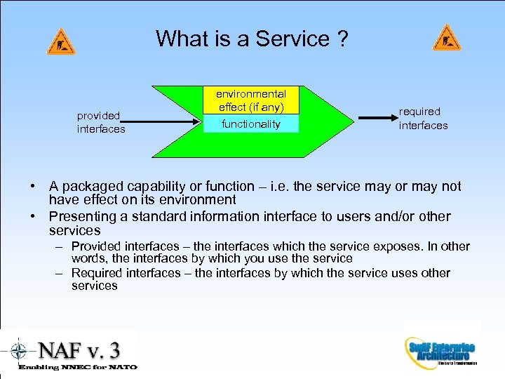 What is a Service ? provided interfaces environmental effect (if any) functionality required interfaces