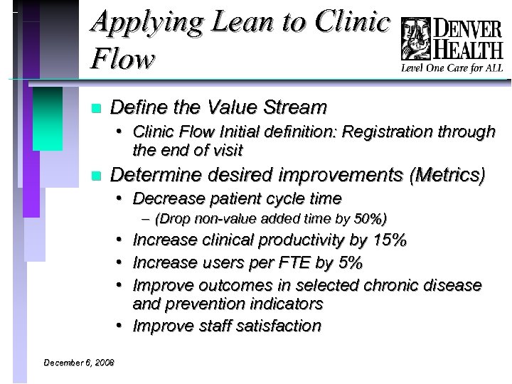 Applying Lean to Clinic Flow n Define the Value Stream • Clinic Flow Initial