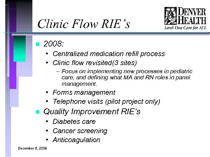 Clinic Flow RIE’s n 2008: • Centralized medication refill process • Clinic flow revisited(3
