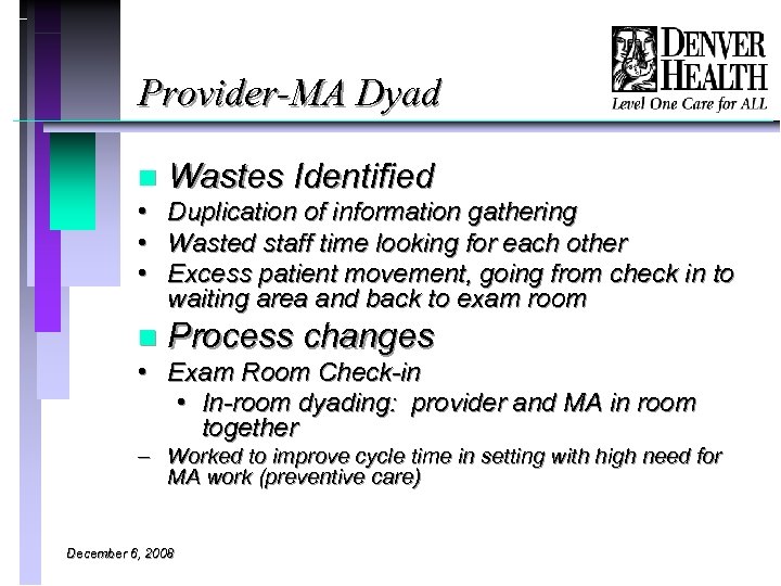 Provider-MA Dyad n • • • Wastes Identified Duplication of information gathering Wasted staff