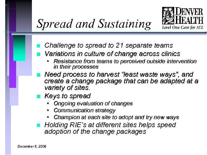 Spread and Sustaining n n Challenge to spread to 21 separate teams Variations in
