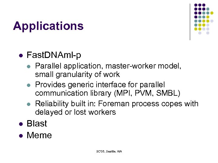 Applications l Fast. DNAml-p l l l Parallel application, master-worker model, small granularity of