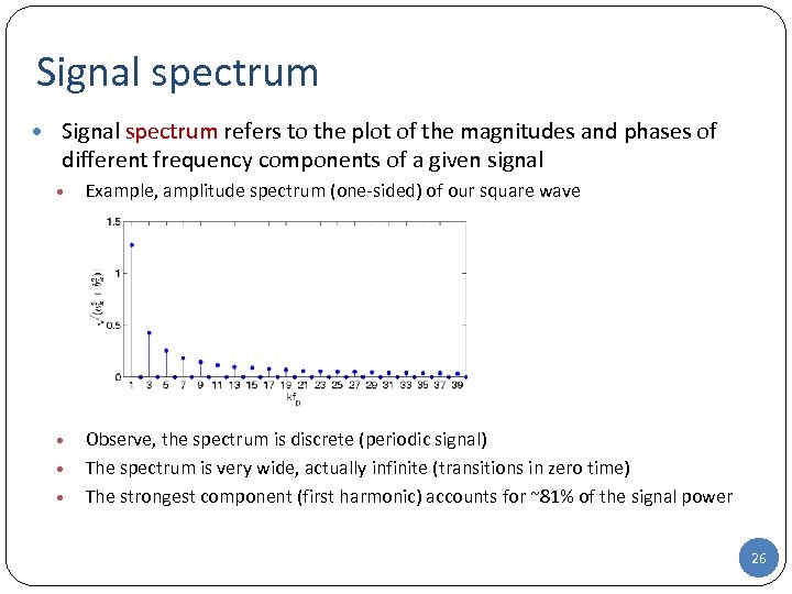 Signal spectrum • Signal spectrum refers to the plot of the magnitudes and phases