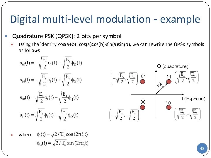 Digital multi-level modulation - example • Quadrature PSK (QPSK): 2 bits per symbol •