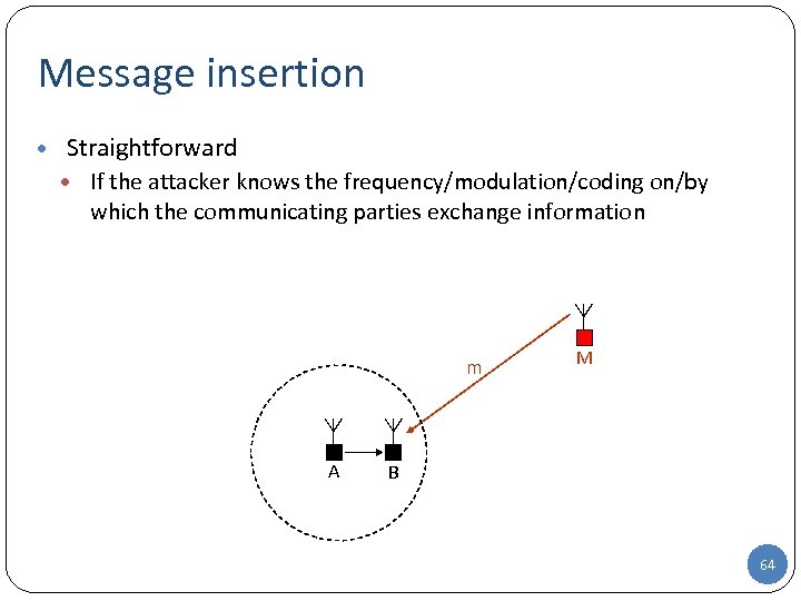 Message insertion • Straightforward • If the attacker knows the frequency/modulation/coding on/by which the